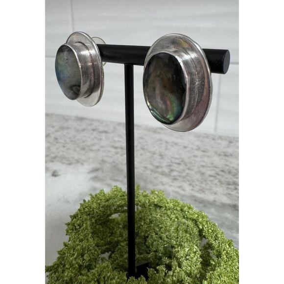 Vintage MCM Sterling Silver Mexico 925 Abalone Earrings - Picture 3 of 6